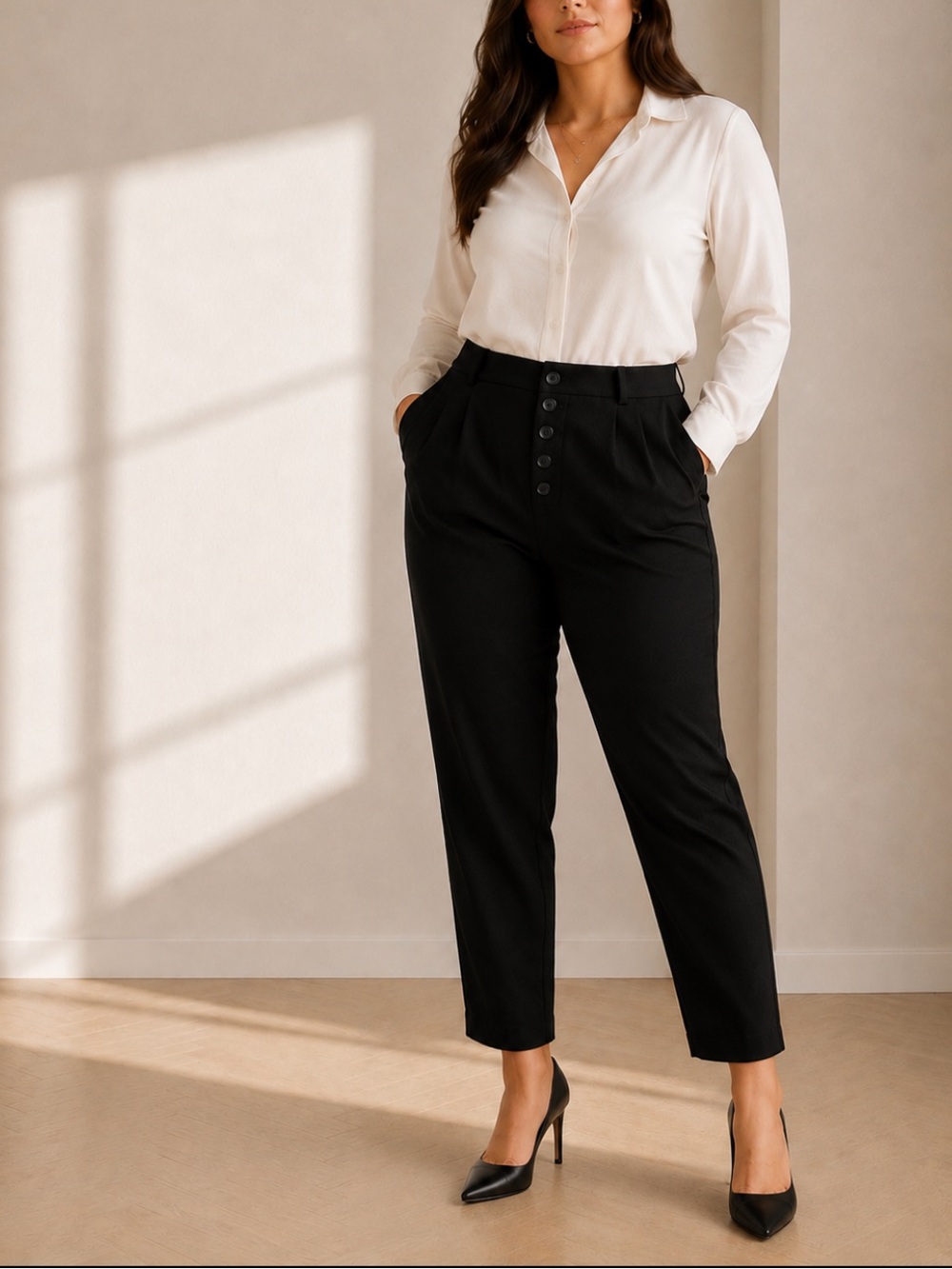 Anthropologie Sasha Button Fly Tapered Trousers Black High Rise Pants 14